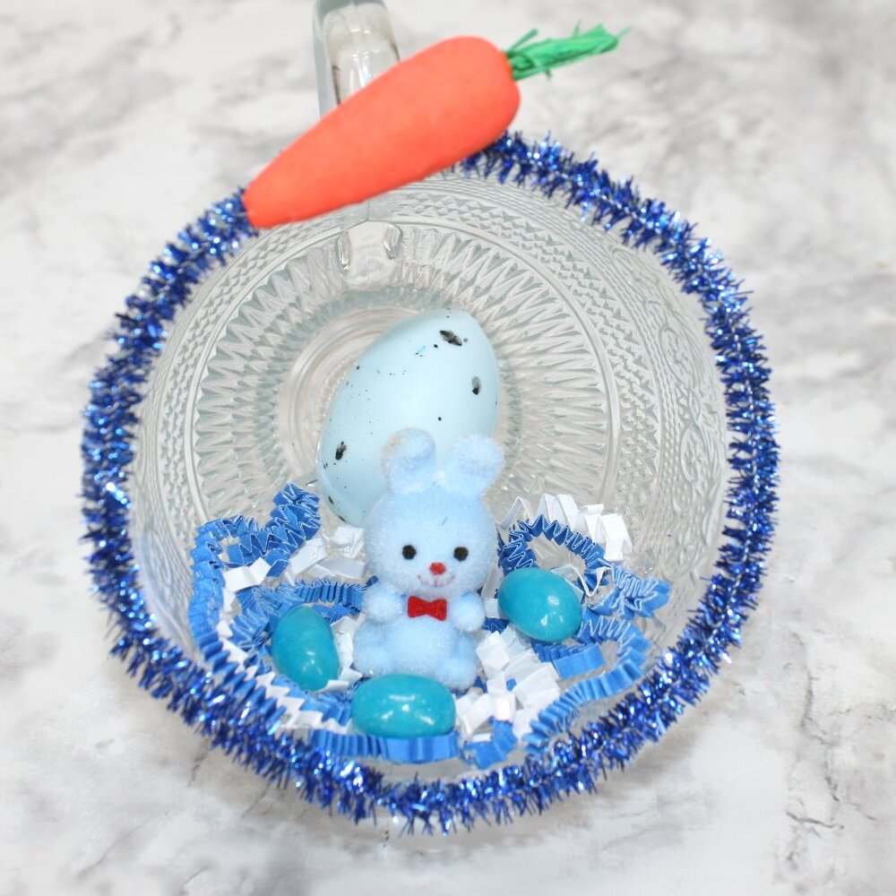 HAND CRAFTED Blue Bunny Rabbit Spring Decor Ornament Upcycled Cup Pastel Easter